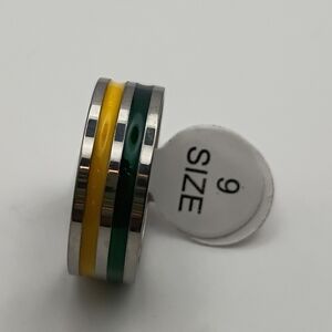 Stainless Steel Silver Ring with Yellow and Green Stripes Size 9 U.S Size 5